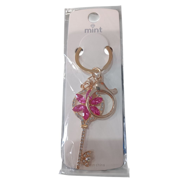 Floral Rhinestone Skeleton Key Keychain Purse Charm with Pink Flower - Picture 7 of 9